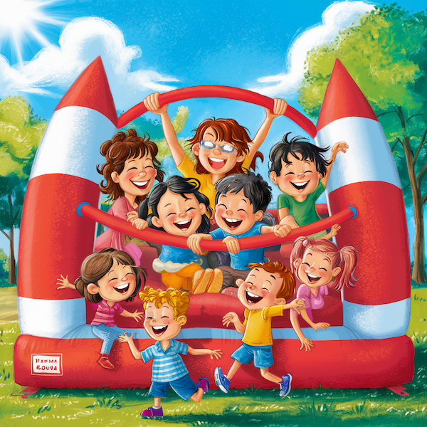bouncy castle in the summer of Finland and the joy of children with an image created by artificial intelligence